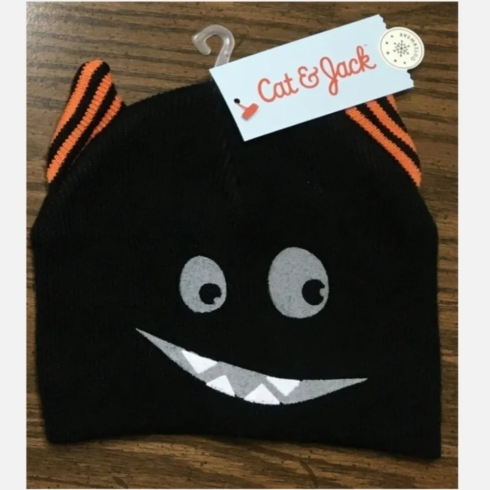 Cat & Jack Black Orange Monster Child's Beanie Winter Hat 12-24 M Infant Toddler